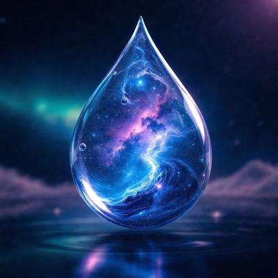 The primary subject of the image is a large, clear, blue glass tear drop, which is the main object in the scene. The setting is a dark, starry night, with a purple background that adds to the overall atmosphere. The visual style is a digital art or illustration, as the tear drop is depicted in a detailed and artistic manner. The colors and mood of the image are predominantly blue and purple, creating a sense of tranquility and beauty.